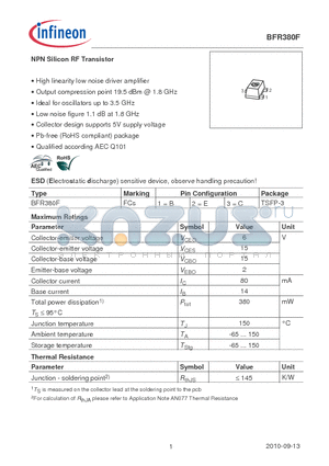 BFR380F datasheet - NPN Silicon RF Transistor