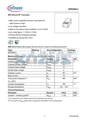 BFR380L3 datasheet - NPN Silicon RF Transistor