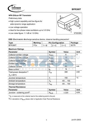 BFR380T datasheet - NPN Silicon RF Transistor