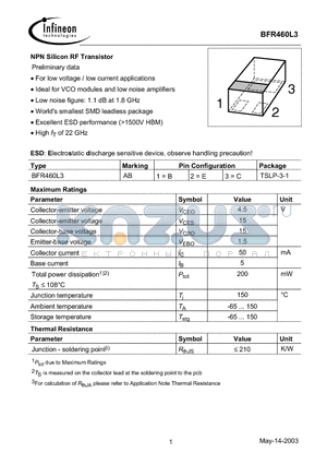 BFR460L3 datasheet - NPN Silicon RF Transistor