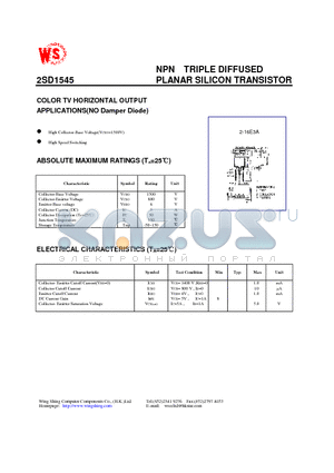 2SD1545 datasheet - NPN TRIPLE DIFFUSED PLANAR SILICON TRANSISTOR(COLOR TV HORIZONTAL OUTPUT APPLICATIONS)