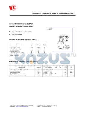 2SD1546 datasheet - NPN TRIPLE DIFFUSED PLANAR SILICON TRANSISTOR(COLOR TV HORIZONTAL OUTPUT APPLICATIONS)