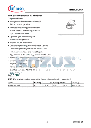 BFR720L3RH datasheet - NPN Silicon Germanium RF Transistor