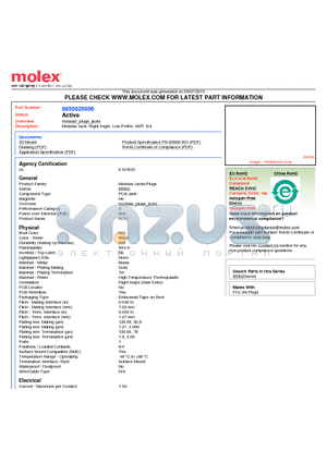 0855025006 datasheet - Modular Jack, Right Angle, Low Profile, SMT, 6/4