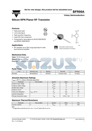 BFR90A datasheet - Silicon NPN Planar RF Transistor