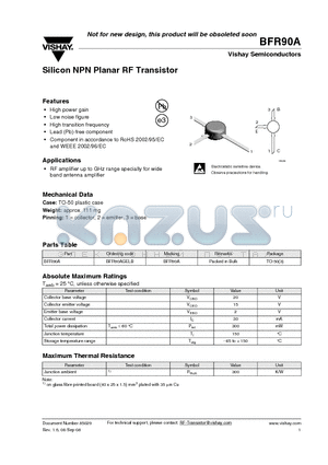 BFR90AGELB datasheet - Silicon NPN Planar RF Transistor