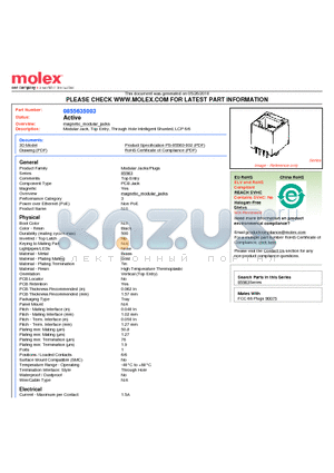 0855635003 datasheet - Modular Jack, Top Entry, Through Hole Intelligent Shunted, LCP 6/6