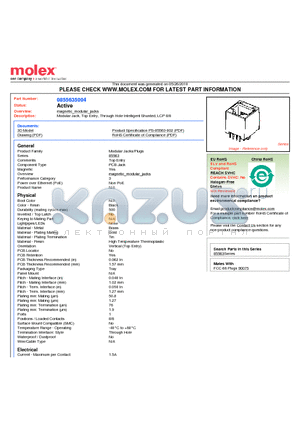 0855635004 datasheet - Modular Jack, Top Entry, Through Hole Intelligent Shunted, LCP 8/8