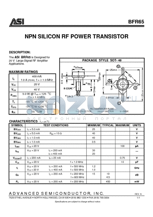 BFR65 datasheet - NPN SILICON RF POWER TRANSISTOR