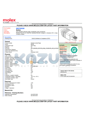 0857202050 datasheet - Modular Plug, RJ-45, Push/Pull, Industrial Ethernet, Category 5, Shielded, IP67, 4 Data Contacts Loaded