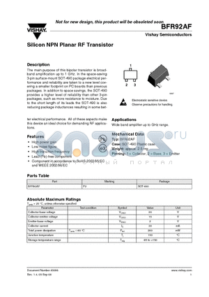 BFR92AF datasheet - Silicon NPN Planar RF Transistor