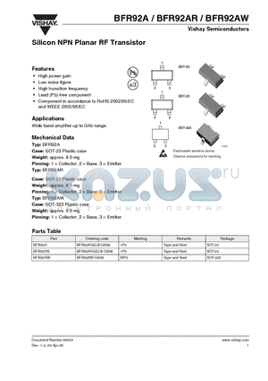 BFR92AGELB-GS08 datasheet - Silicon NPN Planar RF Transistor