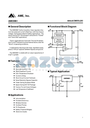 AME8861 datasheet - 600mA CMOS LDO