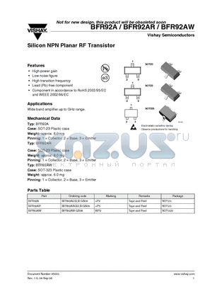 BFR92AW datasheet - Silicon NPN Planar RF Transistor