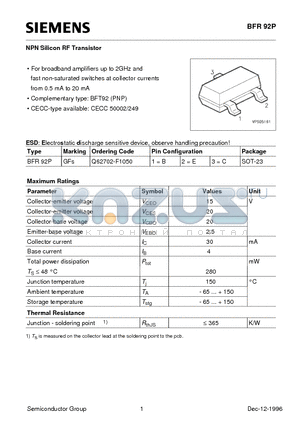 BFR92P datasheet - NPN Silicon RF Transistor (For broadband amplifiers up to 2GHz and fast non-saturated switches at collector currents from 0.5 mA to 20 mA)