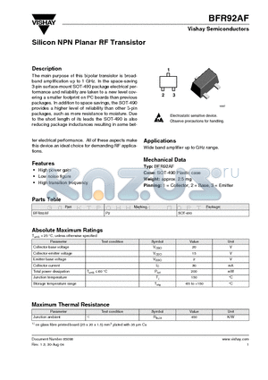 BFR92AF datasheet - Silicon NPN Planar RF Transistor