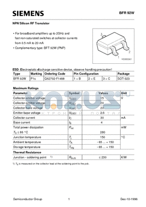 BFR92W datasheet - NPN Silicon RF Transistor (For broadband amplifiers up to 2GHz and fast non-saturated switches at collector currents from 0.5 mA to 20 mA)