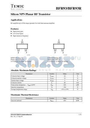 BFR93 datasheet - Silicon NPN Planar RF Transistor