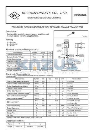 2SD1616A datasheet - TECHNICAL SPECIFICATIONS OF NPN EPITAXIAL PLANAR TRANSISTOR