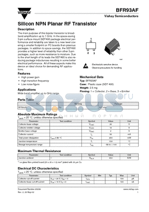 BFR93AF datasheet - Silicon NPN Planar RF Transistor