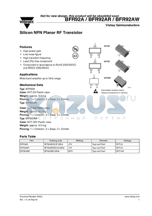 BFR92AW-GS08 datasheet - Silicon NPN Planar RF Transistor