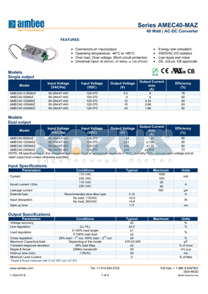 AMEC40-5DMAZ datasheet - 40 Watt | AC-DC Converter