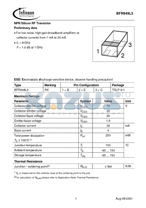 BFR949L3 datasheet - NPN Silicon RF Transistor