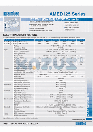 AMED125-15S datasheet - 125 Watt (Din Rail) AC/DC Converter