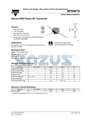 BFR96TS datasheet - Silicon NPN Planar RF Transistor