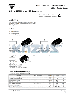 BFS17AR datasheet - Silicon NPN Planar RF Transistor