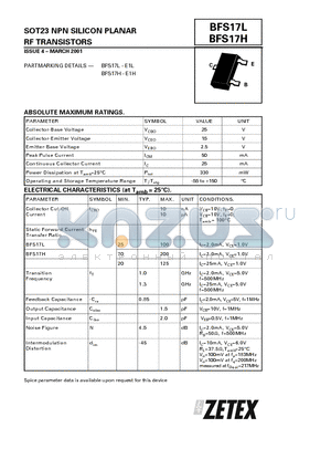 BFS17H datasheet - NPN SILICON PLANAR RF TRANSISTORS