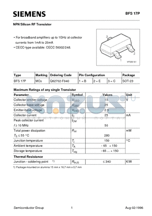 BFS17P datasheet - NPN Silicon RF Transistor (For broadband amplifiers up to 1GHz at collector currents from 1mA to 20mA)