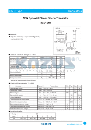 2SD1619 datasheet - NPN Epitaxial Planar Silicon Transistor
