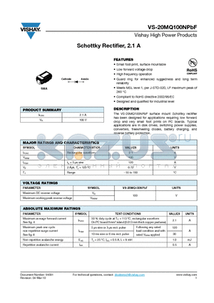 20MQ100NPBF datasheet - Schottky Rectifier, 2.1 A