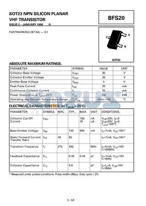 BFS20 datasheet - NPN SILICON PLANAR VHF TRANSISTOR