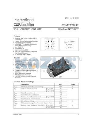 20MT120UF datasheet - UltraFast NPT IGBT