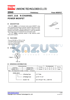 20N40 datasheet - 400V, 23A N-CHANNEL POWER MOSFET