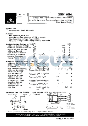 2SD1654 datasheet - COLOR TV HORIZONTAL DEFLECTION OUTPUT APPLICATIONS(WITH DAMPER DIODE)