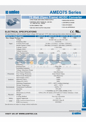 AMEO75-15S datasheet - 75 Watt (Open Frame) AC/DC Converter