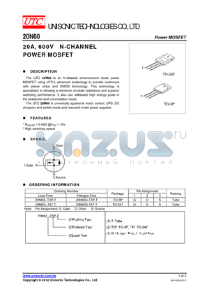 20N60G-T3P-T datasheet - 20A, 600V N-CHANNEL POWER MOSFET