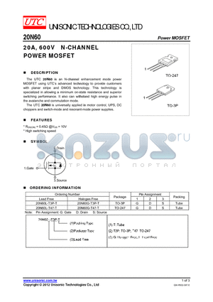 20N60L-T3P-T datasheet - 20A, 600V N-CHANNEL POWER MOSFET