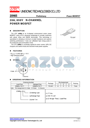 20N65 datasheet - 20A, 650V N-CHANNEL POWER MOSFET
