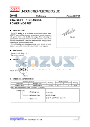 20N65L-T47-T datasheet - 20A, 650V N-CHANNEL POWER MOSFET