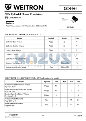 2SD1664 datasheet - NPN Epitaxial Planar Transistors