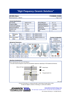 0866BL15C200 datasheet - 850 MHz Balun