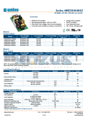 AMEOS40-MAZ_13 datasheet - 40 Watt | AC-DC / DC-DC Converter