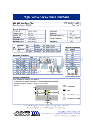 0868LP15A020 datasheet - 868 MHz Low Pass Filter