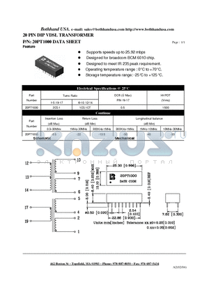 20PT1000 datasheet - 20 PIN DIP VDSL TRANSFORMER