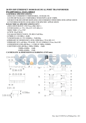 20PT1021A1 datasheet - 20 PIN DIP ETHERNET 10/100 BASE DUAL PORT TRANSFORMER