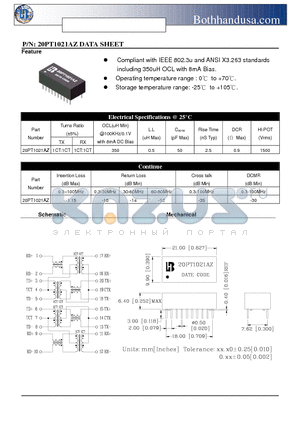 20PT1021AZ datasheet - 20 PIN DIP ETHERNET 10/100 BASE DUAL PORT TRANSFOMER FOR MDIX